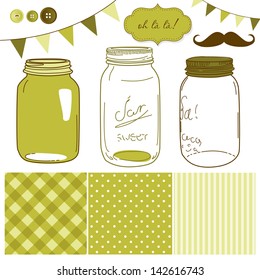 Glass Jars, frames and cute seamless backgrounds. Ideal for wedding invitations.