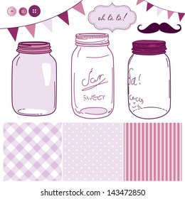 Glass Jars, frames and cute seamless backgrounds. Ideal for wedding invitations.