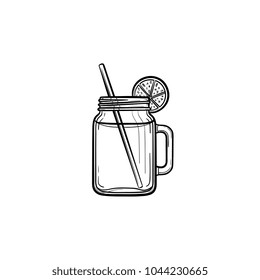 Glass jars of fresh detox cocktail hand drawn outline doodle icon. Refreshing smoothie drink with lemon slice and drinking straw vector sketch illustration for print, web, mobile and infographics.