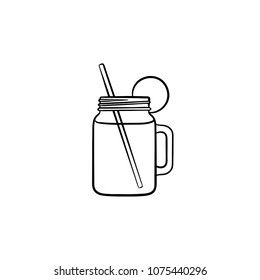 Glass jars of fresh detox cocktail hand drawn outline doodle icon. Refreshing smoothie drink with lemon slice and drinking straw vector sketch illustration for print, web, mobile and infographics.
