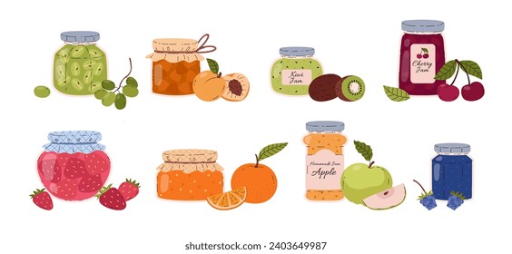 Glass jars with fruit or berries jam vector illustrations set. Isolated containers with juicy apricot, apple, strawberry, grapes confiture. Natural food, homemade conservation marmalade, jelly dessert