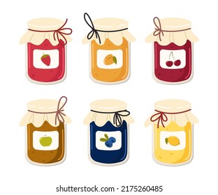 Glass jars with fruit or berry jam vector illustrations set. Cartoon drawings of cute jars with marmalade from juice of different colors isolated on white background. Food, dessert concept