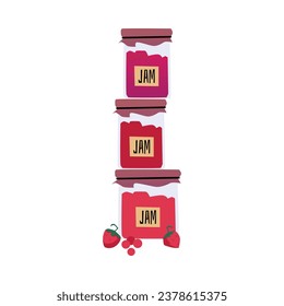 Glass jars with fruit or berry jam vector illustration. Cartoon stack of containers with marmalade from juice of different colors isolated on white background. Natural food, conservation dessert