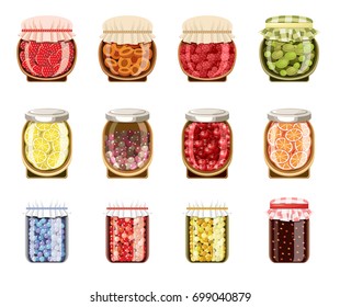 Glass jars with fruit and berry jam