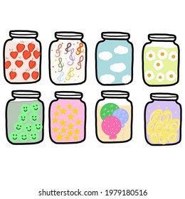 Glass jars. Heart in mason jars. Various textures. Hand drawn Vector set.