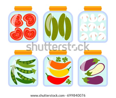 Glass jars with home preservation. Concept of autumn. Flat vector illustration isolated on white background