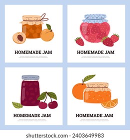 Glass jars with homemade fruit or berries jam vector illustrations set. Labels of containers with juicy apricot, strawberry, cherry and orange confiture. Natural conservation marmalade, jelly dessert