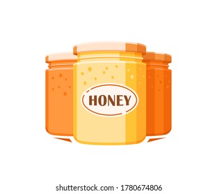 Glass jars with honey isolated on white background. Design element for honey concept. Vector illustration