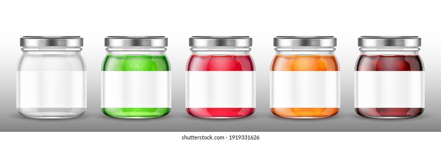Glass jars with jam and blank label. Vector realistic mockup of clear pots with conserve fruit, jelly and honey. Template of preserve packaging in transparent bottles with steel cap and white label