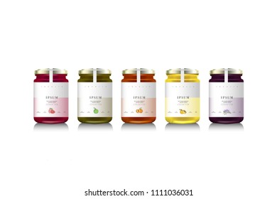 Glass jars with with jam, configure or honey. Vector illustration. Packaging collection. Label for jam. Bank realistic. Mock up jam jars with design labels or badges