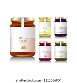 Glass jars with with jam, configure or honey. Vector illustration. Packaging collection. Label for jam. Bank realistic. Mock up jam jars with design labels or badges