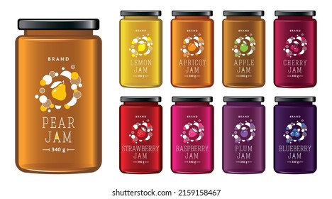 Glass jars of jam and confiture from fruits and berries. Vector illustration. Packaging collection. Mock up jar. Label and logoFruit jam sticker. Labels with drawn fruits and berries. Set of vector.