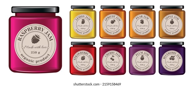 Glass jars of jam and confiture from fruits and berries. Vector illustration. Packaging collection. Mock up jar. Label and logoFruit jam sticker. Labels with drawn fruits and berries. Set of vector.