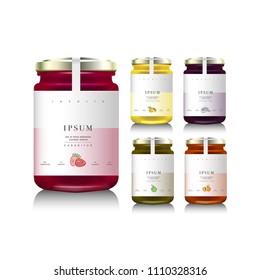 Glass jars with with jam or honey. Vector illustration. Packaging collection. Label for jam. Mock up jam jars with design labels 