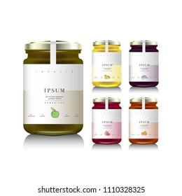 Glass jars with with jam or honey. Vector illustration. Packaging collection. Label for jam. Mock up jam jars with design labels 