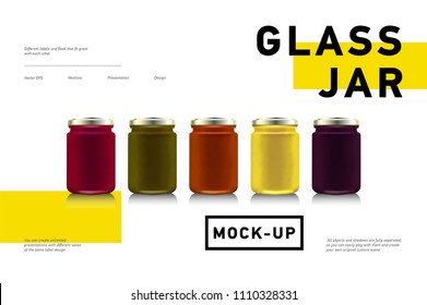 Glass jars with with jam or honey. Vector illustration. Packaging collection. Mock up jam jars without design labels