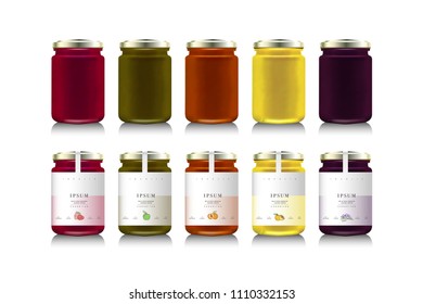 Glass jars with with jam or honey. Vector illustration. Packaging collection. Mock up jam jars with design labels