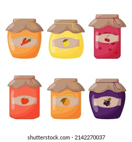 Glass jars of jam made of black currant, lemon, orange, strawberry, carrot and cherry with a closed lid. Cute vector illustration
