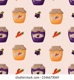 Glass jars of jam made of black currant and carrot with a closed lid seamless pattern. Cute vector illustration