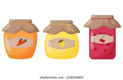 Glass jars of jam made of lemon, carrot and cherry with a closed lid. Cute vector illustration