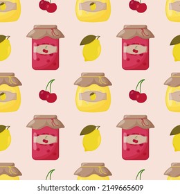 Glass jars of jam made of orange and strawberry with a closed lid seamless pattern. Cute vector illustration