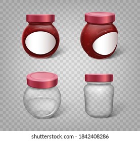 Glass jars with jam or marmalade and empty mockups isolated with template branding stickers. Realistic jars set for supplements, conservation or food product storage. Vector illustration