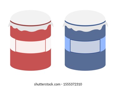 Glass jars of jam on white background.