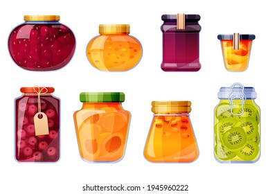 Glass jars with jam from strawberry, peach, cherry, sea buckthorn, kiwi and apricot. Vector cartoon set of sweet fruit conserves, jelly and marmalade isolated on white background