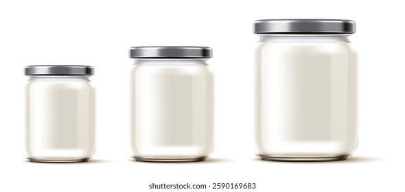 Glass jars with lids. 3D containers. Food preservation. Yogurt white pots with screw cap. Glassware can for pickle. Realistic packaging mockup. Mayonnaise pack. Vector