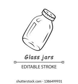 Glass jars linear icon. Food conservation glassware. Homemade jam, marmalade storage. Empty canning jar. Thin line illustration. Contour symbol. Vector isolated outline drawing. Editable stroke