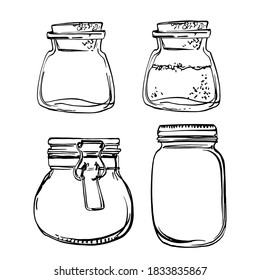 Glass jars with a lock. Vector sketch of food in ink on a white background.