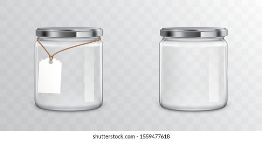 Glass jars with metallic screw libs isolated on transparent background. Vector mockup with realistic empty mason with tag for storage food products, sweets and preserves