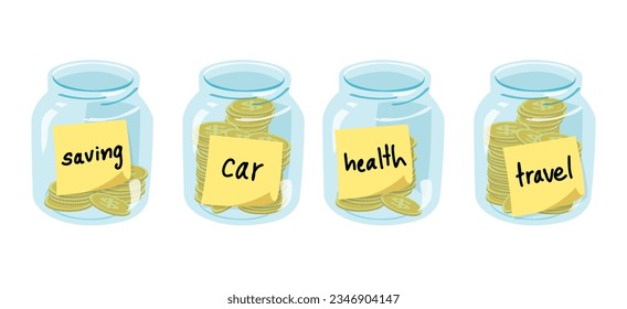 glass jars with money and different notes according to the purposes, saving, car, health, travel