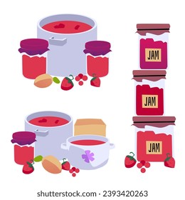 Glass jars and pans with fruit or berry jam vector illustrations set. Cartoon stack of containers with marmalade from juice isolated on white. Natural food, conservation dessert