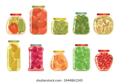 Glass jars with preserved vegetables. Compotes and pickles. Winter food preparation. Homemade sweet berry jams. Marinated cucumbers or tomatoes. Kitchen containers