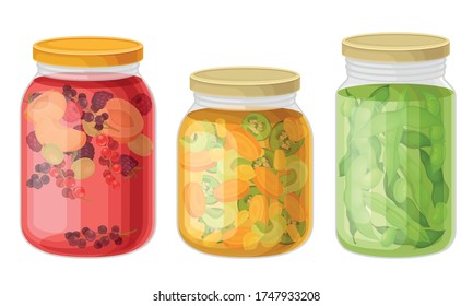 Glass Jars with Preserved Vegetables and Stewed Fruit Vector Set