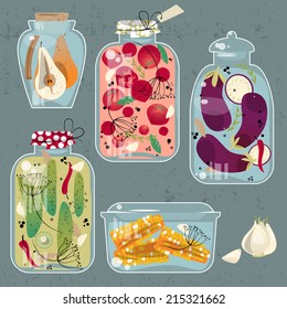 Glass jars with preserved vegetables. Vector illustration
