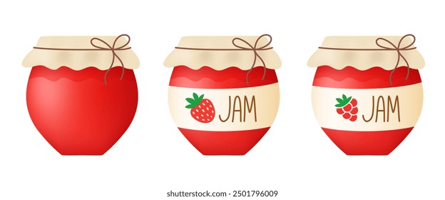 Glass jars with raspberry and strawberry jam. Vector clipart.