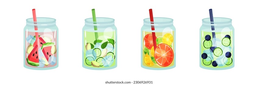 Glass Jars with Refreshing Fruit Water and Straw Vector Set