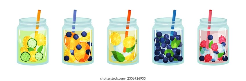 Glass Jars with Refreshing Fruit Water and Straw Vector Set