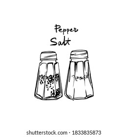 Glass jars salt and pepper. Vector sketch of food in ink on a white background.