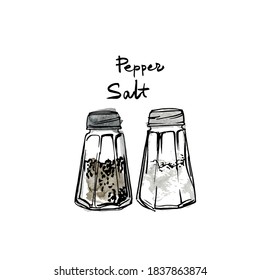 Glass jars salt and pepper. Vector sketch of food in ink on a white background.