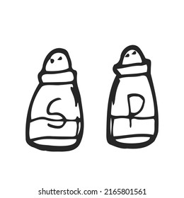 Glass jars salt and pepper. Vector sketch of food in ink on a white background.