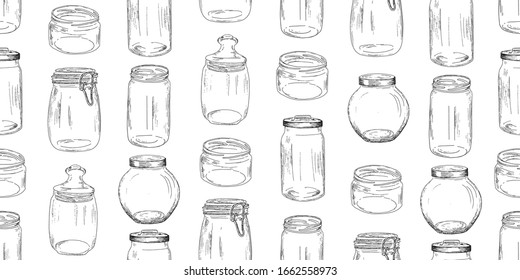 Glass jars seamless pattern. Vector illustration. Vintage design with hand drawn sketch. Line art style.