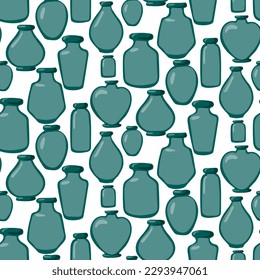 Glass jars with a seamless pattern. Vector illustration. Vintage design with a hand-drawn color sketch of spots. The style of linear art. Background for printing on textiles and paper Empty containers