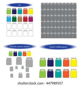 Glass Jars.  Set of Coloring book for children.  Find the correct shadow. Find differences.