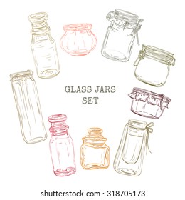 Glass jars set. Vintage hand drawn vector illustration