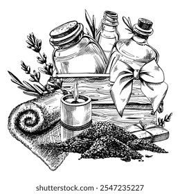 Glass jars, spa candles, sea salt for bath, towel, soap with lavender flowers. Graphic illustration line art hand drawn in black and white monochrome. Composition, arrangement, sublimation