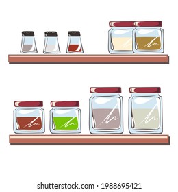 Glass jars for spices, cereals, seasonings, bulk products, sugar. Realistic glass image. Table setting. Organization of storage in the kitchen. Set of dishes. Isolated vector objects