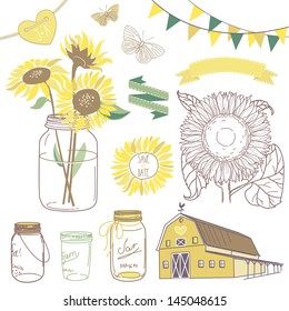 Glass Jars, sunflowers, ribbons, bunting, butterflies and cute rustic barn. Ideal for wedding invitations and Save the Date invitations